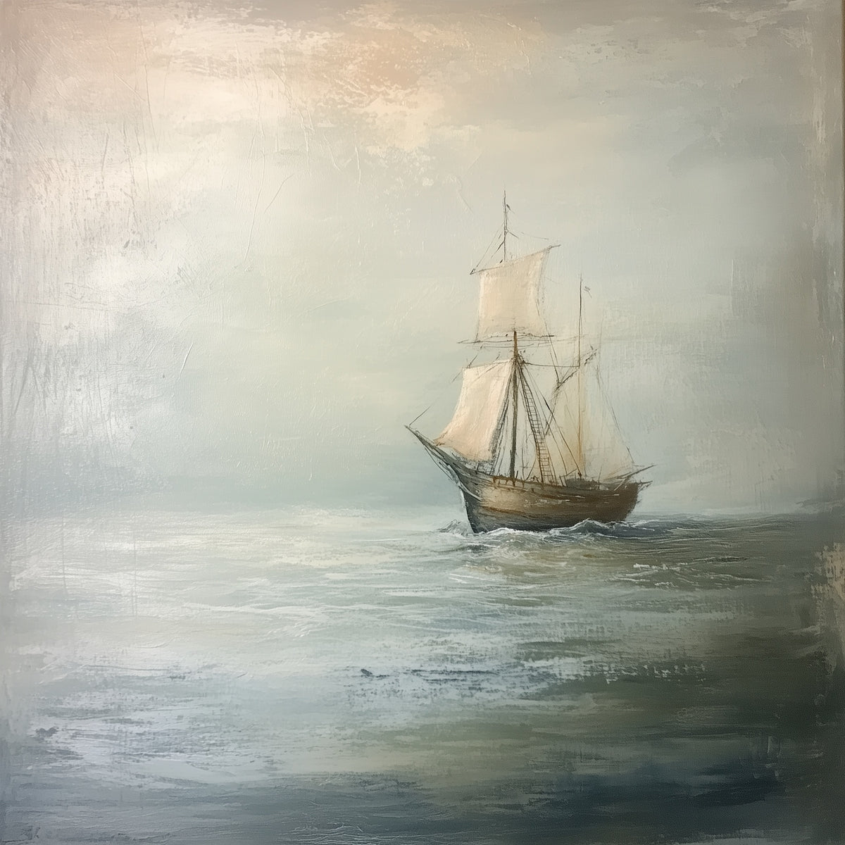 Vintage sailing ship wall mural featuring a weathered wooden ship with ivory sails crossing a misty blue-grey ocean beneath an atmospheric sky.