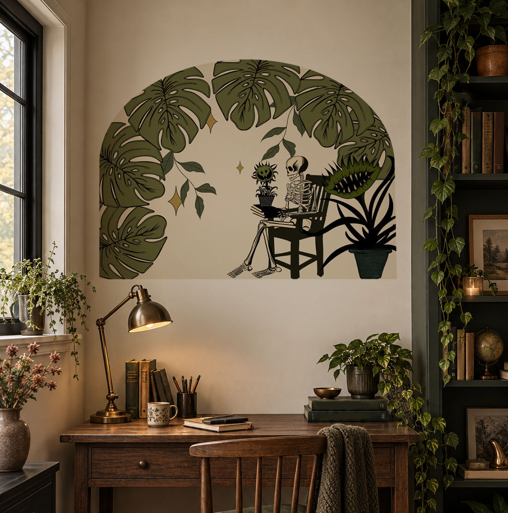 Carnivorous plant wall arch decal featuring oversized Venus flytraps in a dark whimsical botanical scene, removable gothic wall decor in office.