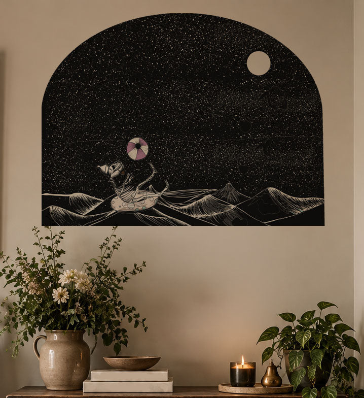 Whimsical Gothic dinosaur skeleton floating in the ocean, peel and stick wall arch decal, removable statement wall decor with a playful surreal design.