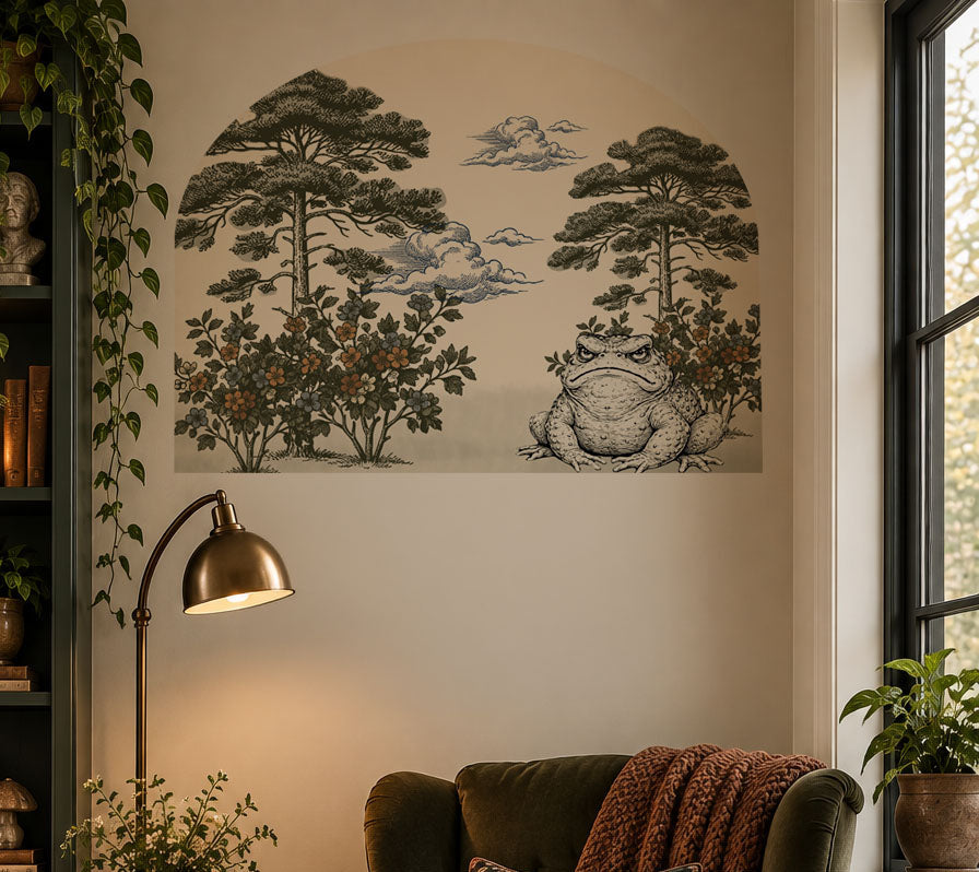 Grumpy toad wall arch decal featuring a whimsical grouchy toad in a storybook botanical scene, removable cottagecore wall decor in reading nook.