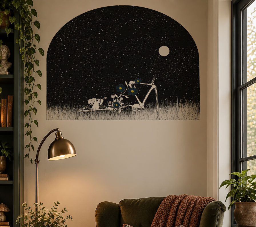 Skeleton with wildflowers growing through him gazing at a starry sky, surreal removable wall arch decal with whimsical gothic style in reading nook.