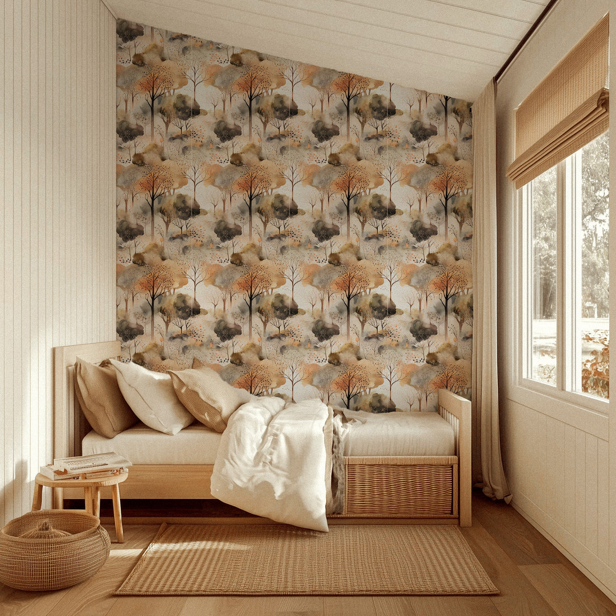 Watercolor wallpaper featuring soft autumn forest trees with warm amber, burnt orange, and golden yellow foliage on a misty neutral background in bedroom