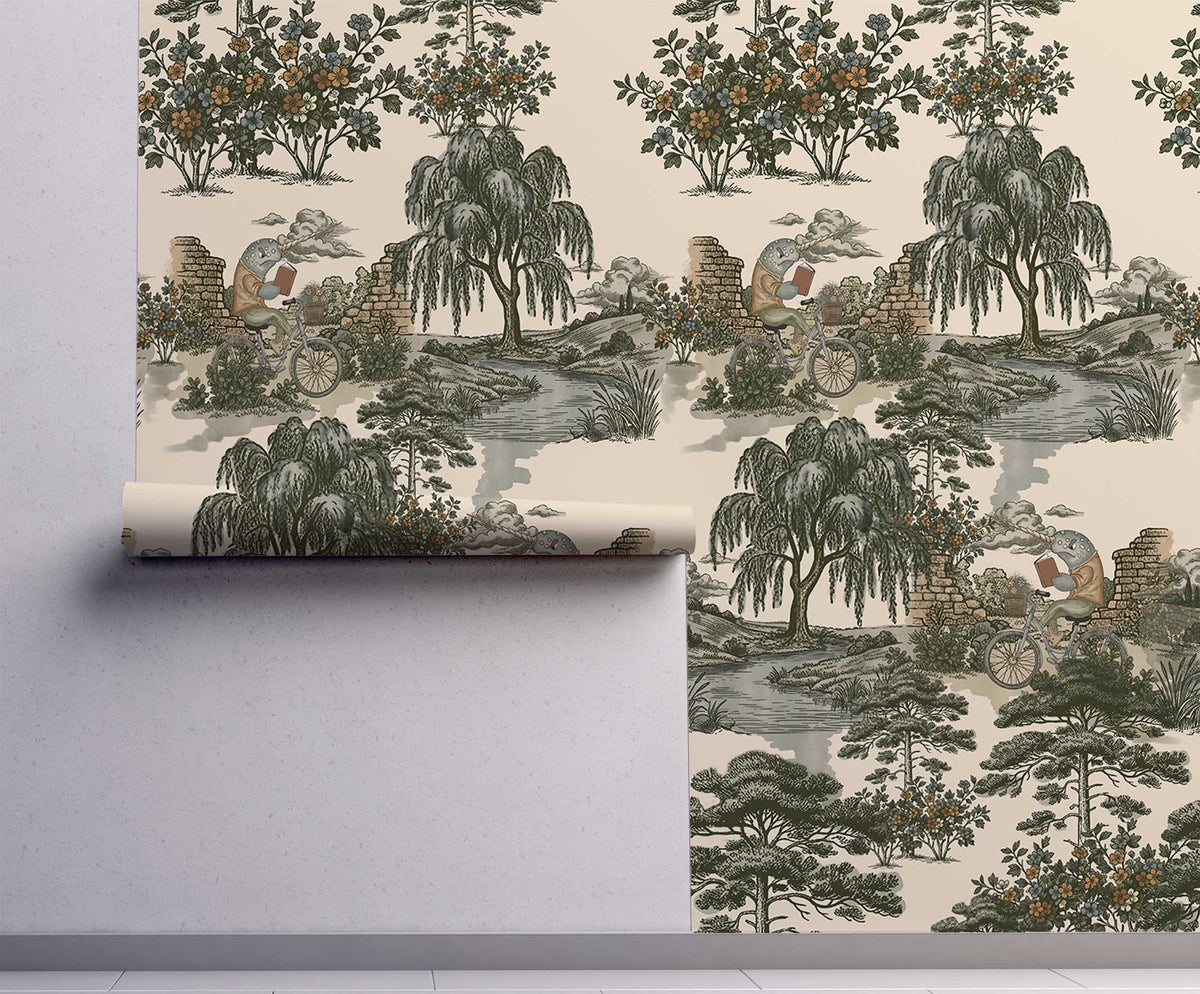 Grumpy Narwhal toile peel and stick wallpaper with vintage green woodland scenery and narwhals riding bicycles on wall.