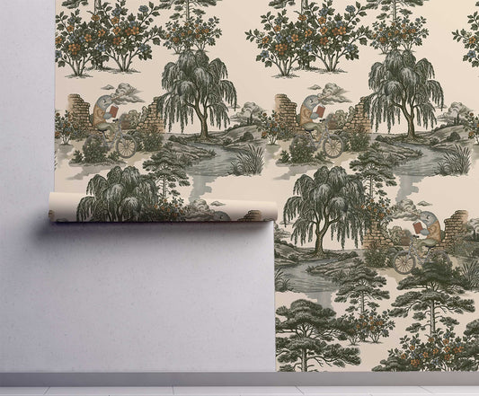 Grumpy Narwhal toile peel and stick wallpaper with vintage green woodland scenery and narwhals riding bicycles on wall.