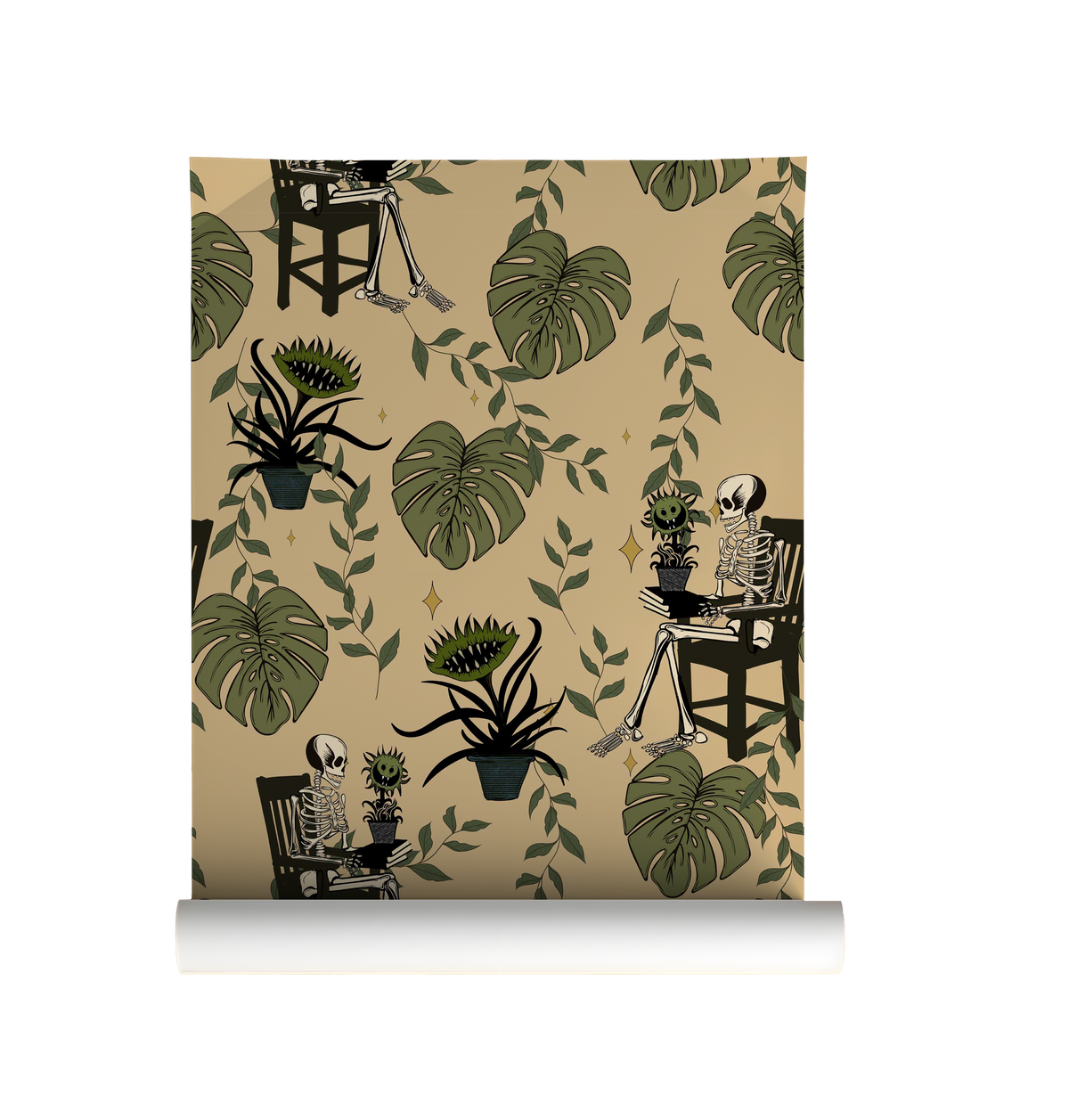 Whimsigoth skeleton botanical peel and stick wallpaper with vintage gardeners and tropical monstera leaves on a cream background On roll.
