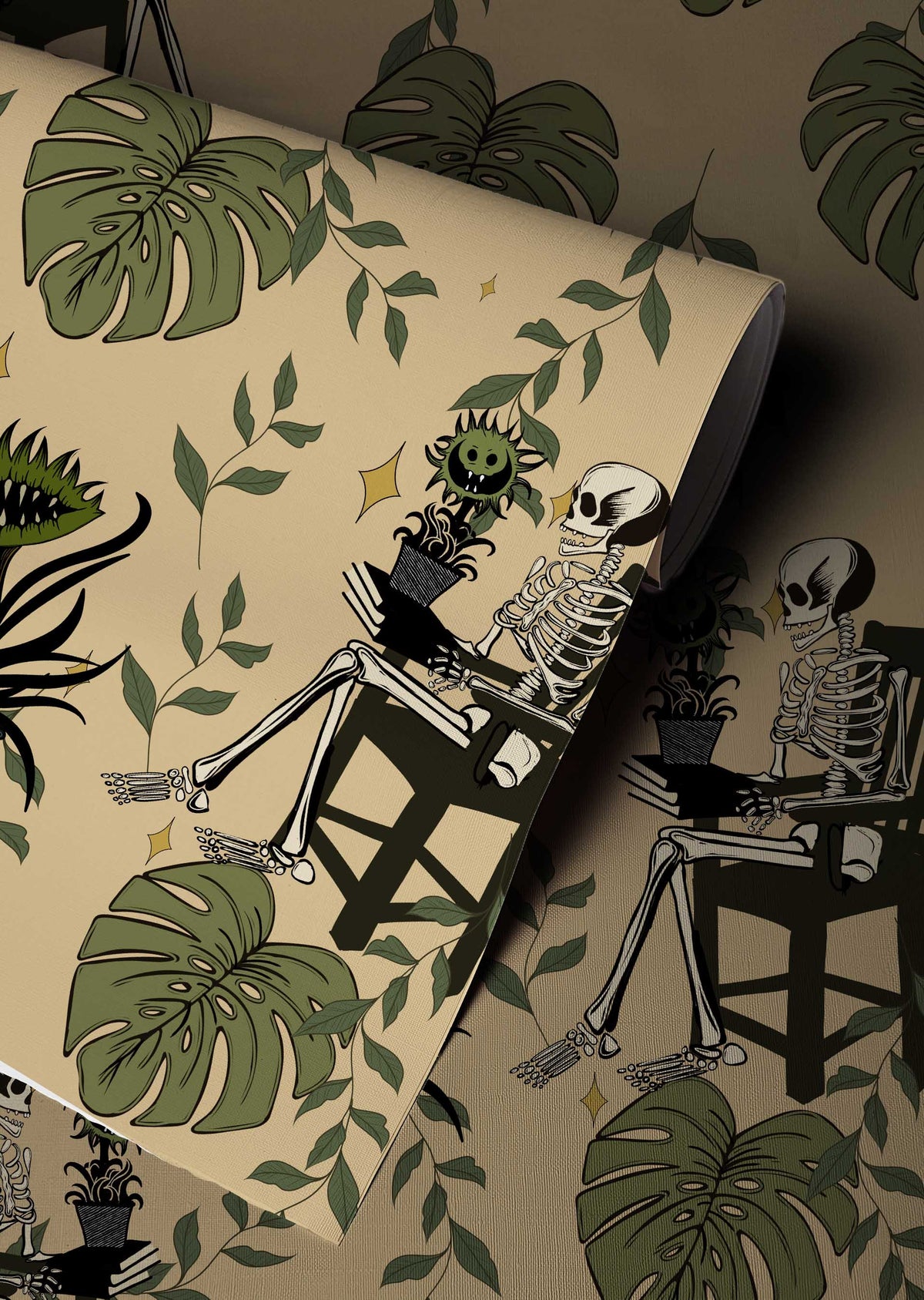 Whimsigoth skeleton botanical peel and stick wallpaper with vintage gardeners and tropical monstera leaves on a cream background up close.