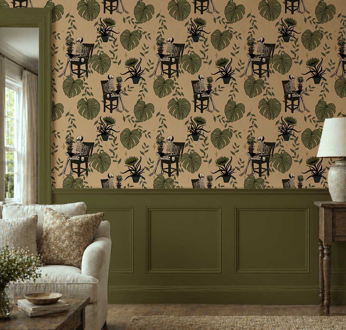 Whimsigoth skeleton botanical peel and stick wallpaper with vintage gardeners and tropical monstera leaves on a cream background In living room