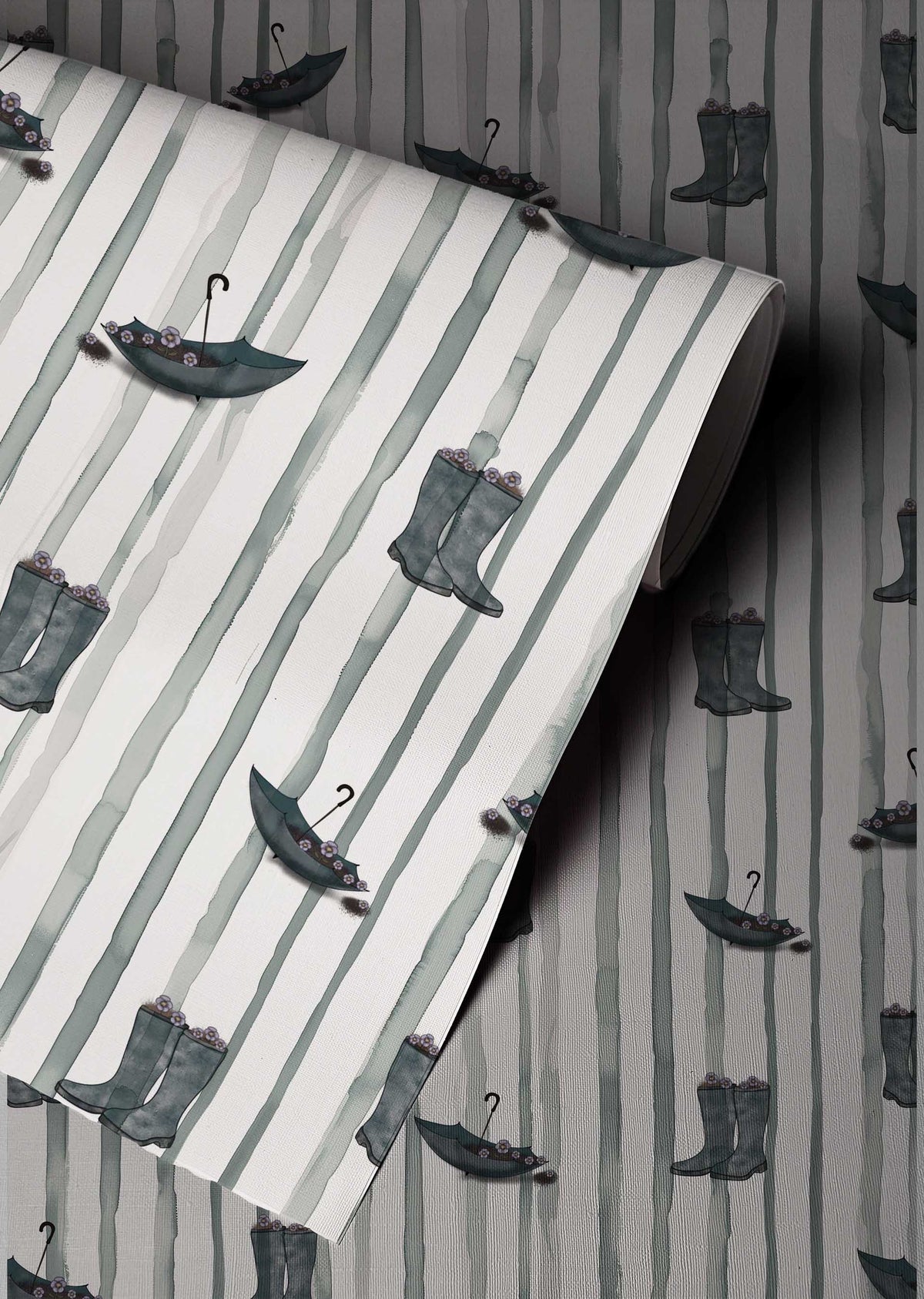 Dance in the Rain peel and stick wallpaper with illustrated rain boots and umbrellas on soft vertical stripes Up close