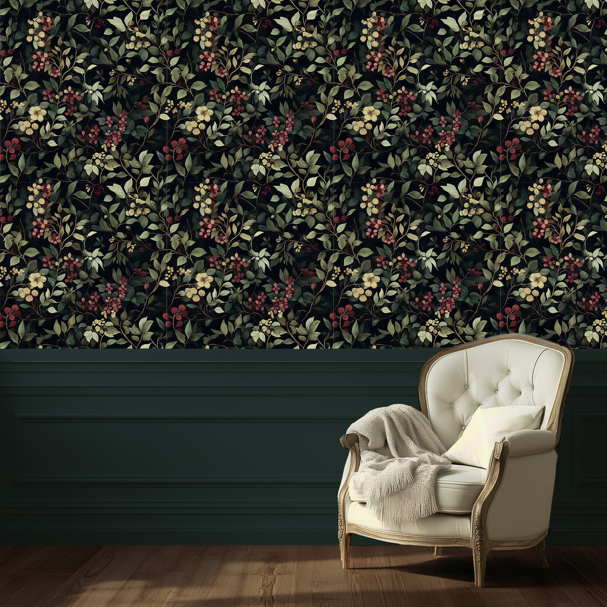 Gothic dark floral and berry peel and stick wallpaper with deep botanical motifs on a moody background in living room