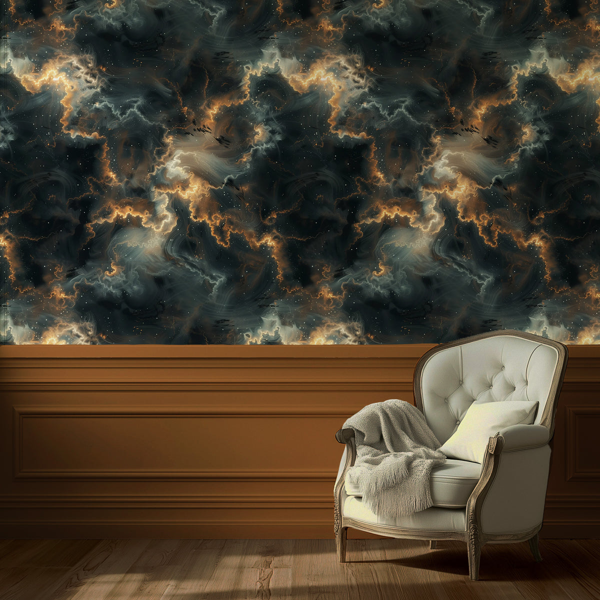 Celestial wallpaper with swirling gold nebula, smoky clouds, and stars on a black background for cosmic-inspired interiors