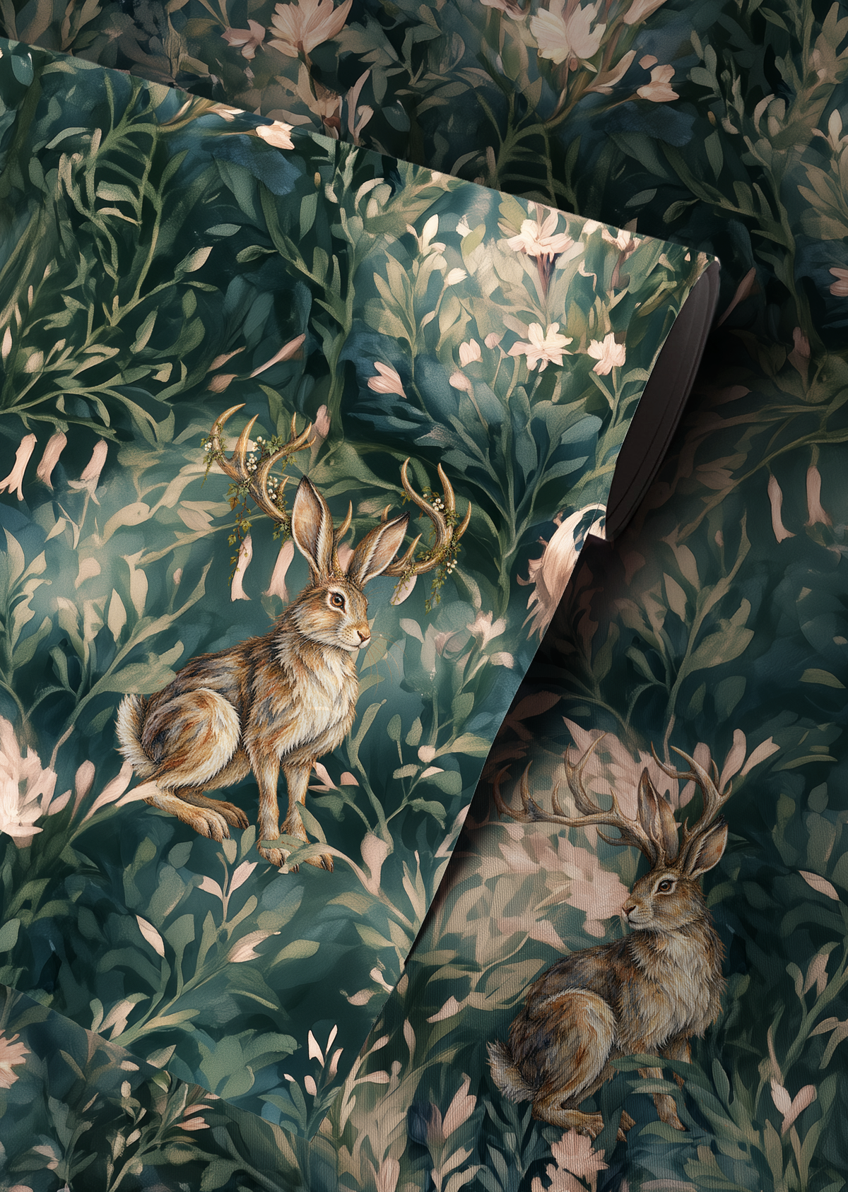 Dark green woodland wallpaper featuring antlered jackalopes surrounded by blush flowers and lush botanical foliage up close