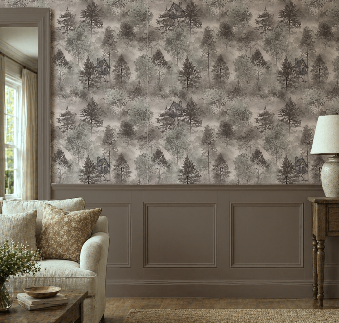 Baba Yaga woodland wallpaper featuring a cottage on chicken legs hidden among misty sage green and grey forest trees in living room