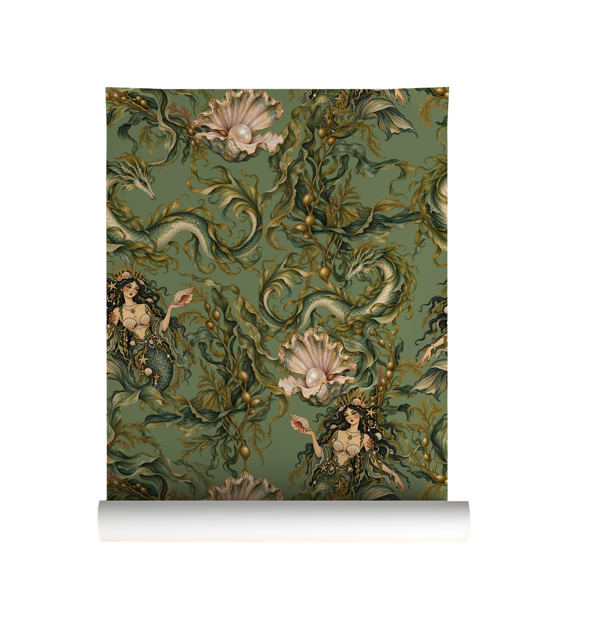 Moody green mythical sea life wallpaper featuring dark-haired sirens, curling sea serpents, flowing seaweed and blush pink oyster shells with pearls in a vintage botanical illustration style on roll.