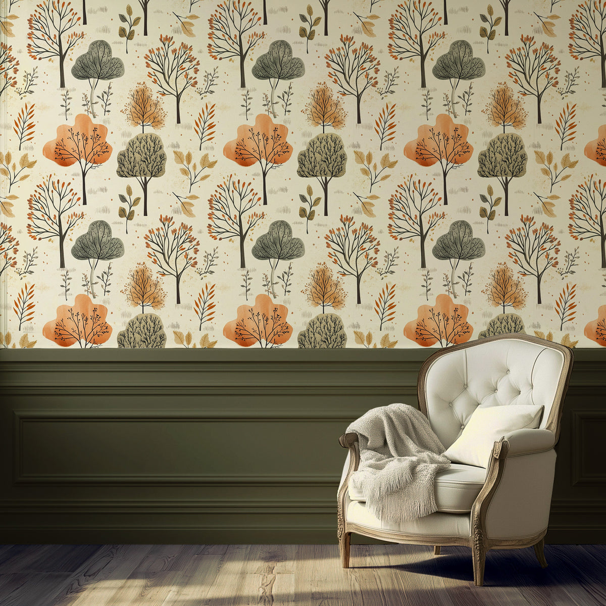 Whimsical children's wallpaper with illustrated woodland animals, trees, and forest creatures in soft sage green, warm beige, and muted earthy tones in room