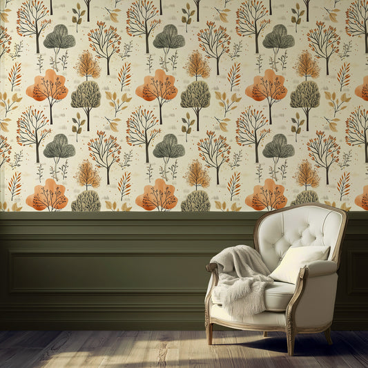 Whimsical children's wallpaper with illustrated woodland animals, trees, and forest creatures in soft sage green, warm beige, and muted earthy tones in room