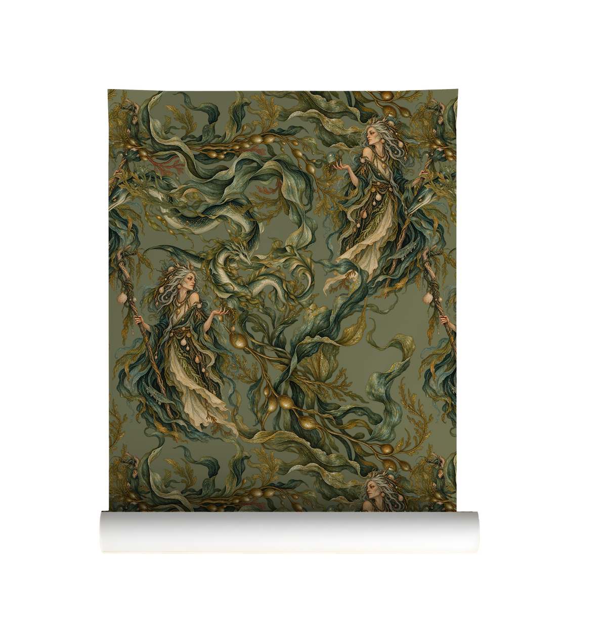 The Hag sea witch wallpaper featuring mysterious ocean witches, mythical sea serpents and twisting underwater botanicals in muted olive green, teal and antique gold on roll