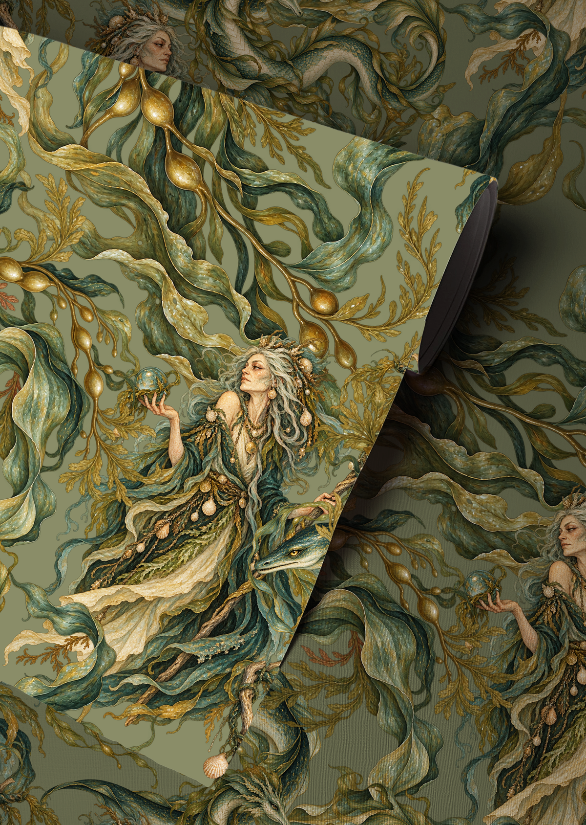 The Hag sea witch wallpaper featuring mysterious ocean witches, mythical sea serpents and twisting underwater botanicals in muted olive green, teal and antique gold up close