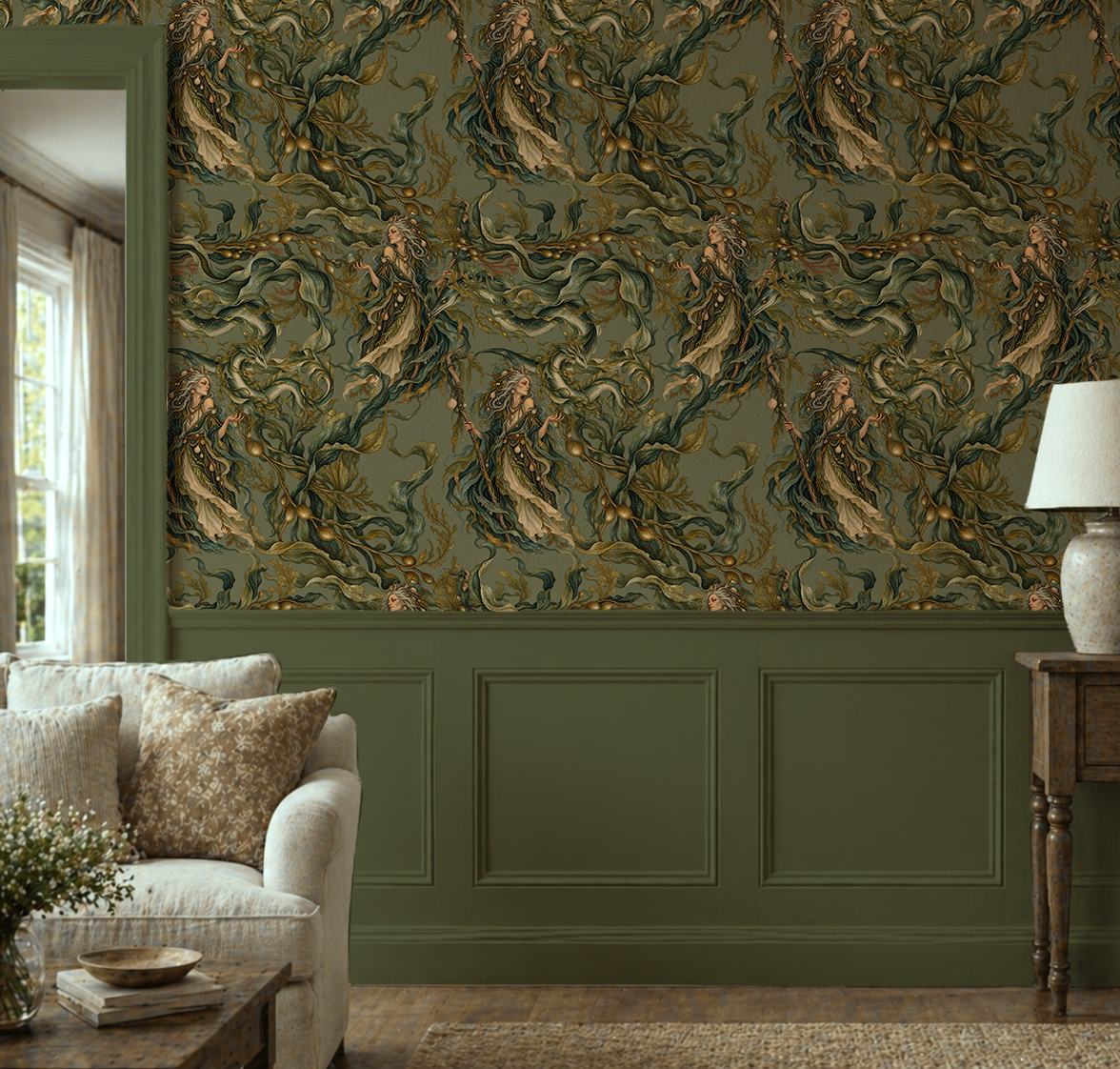 The Hag sea witch wallpaper featuring mysterious ocean witches, mythical sea serpents and twisting underwater botanicals in muted olive green, teal and antique gold in living room