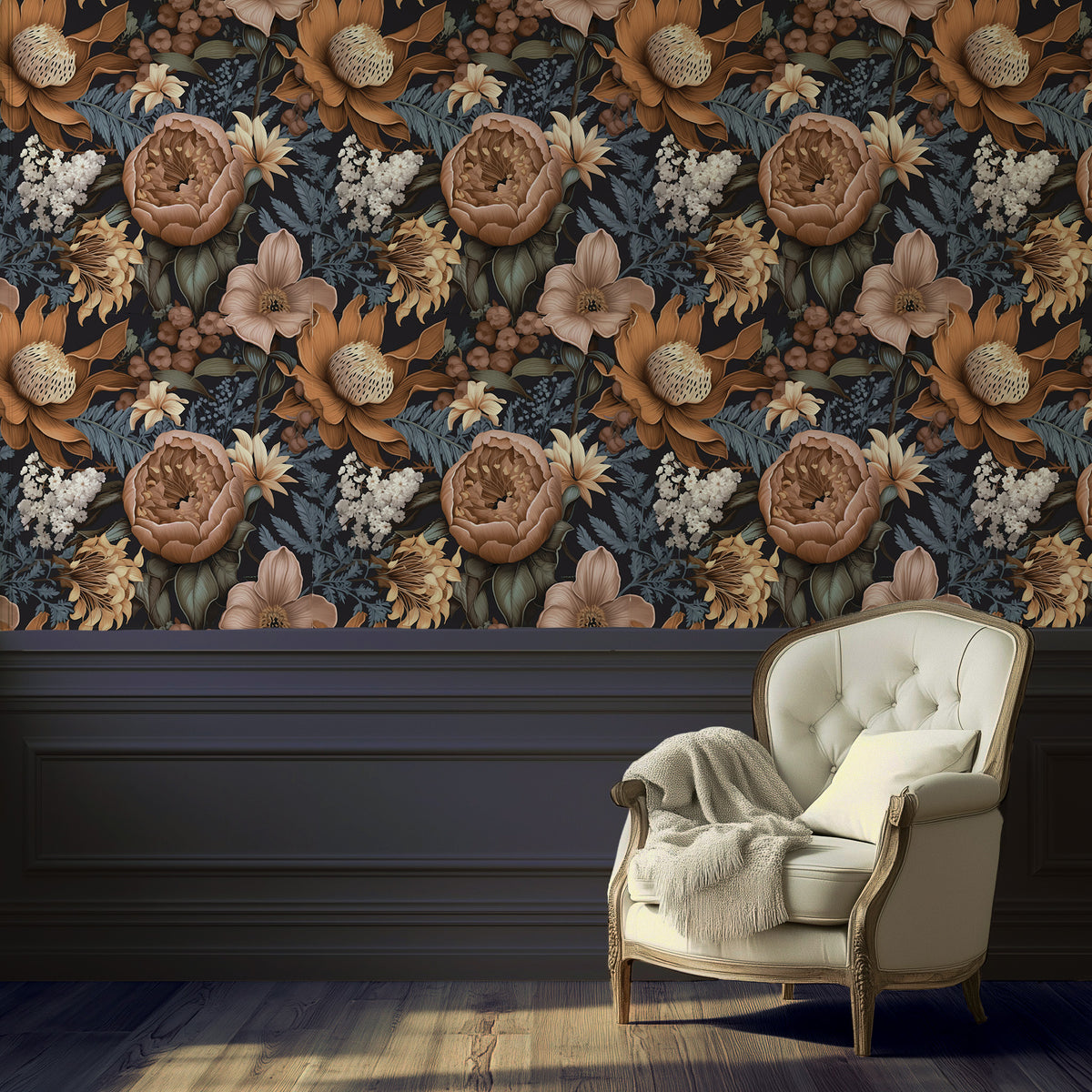 Moody botanical wallpaper with oversized protea, peonies, lilies, and blue foliage on a deep charcoal background in living room
