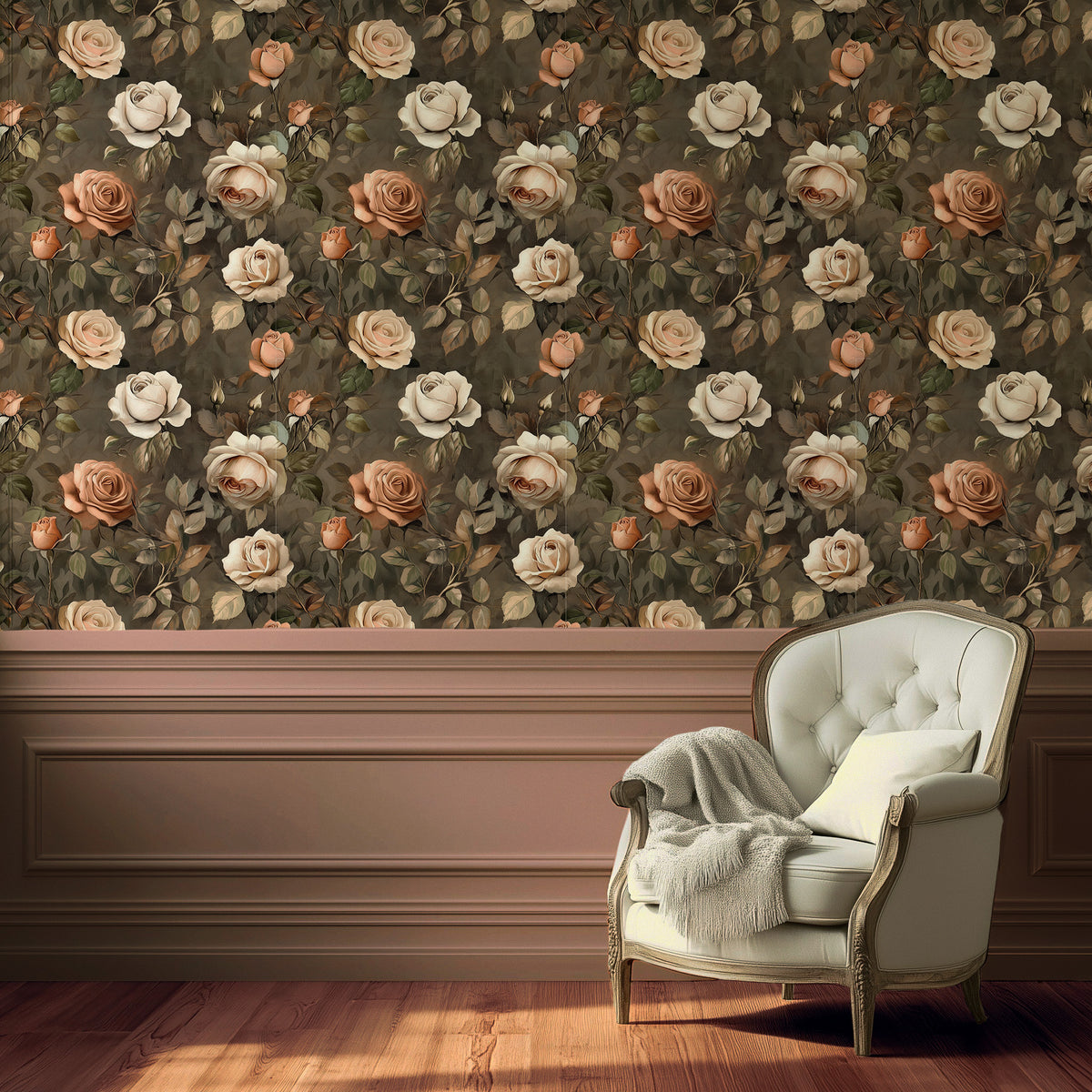 Roses at Dusk - Dark Rose and Limewash Wallpaper