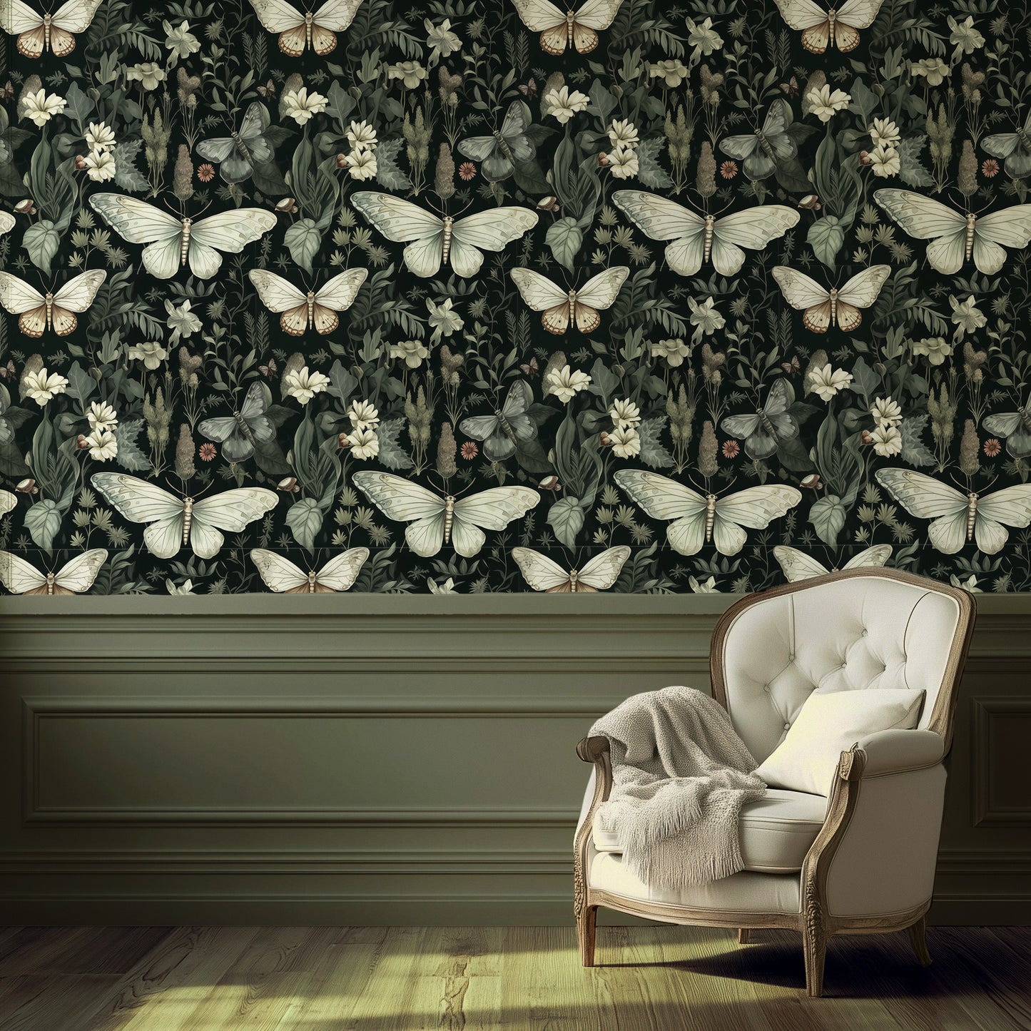 Peel and stick wallpaper with ivory moths and forest florals on a dark green background for Cottagecore interiors