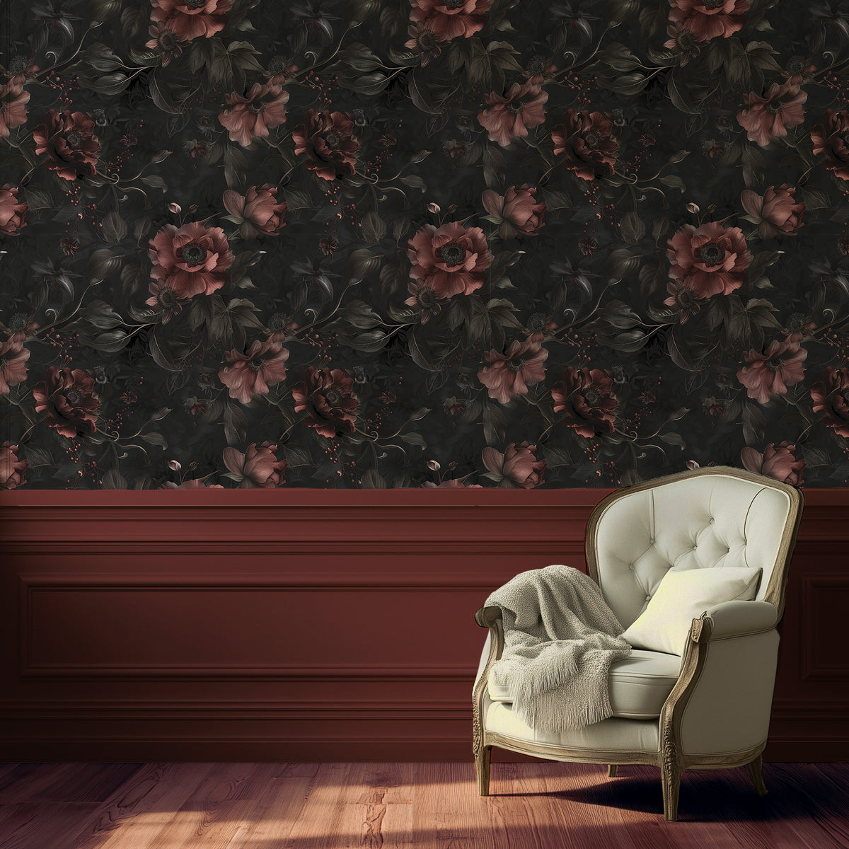 Dark moody floral wallpaper with deep burgundy flowers, black foliage and trailing vines on a charcoal background in reading room