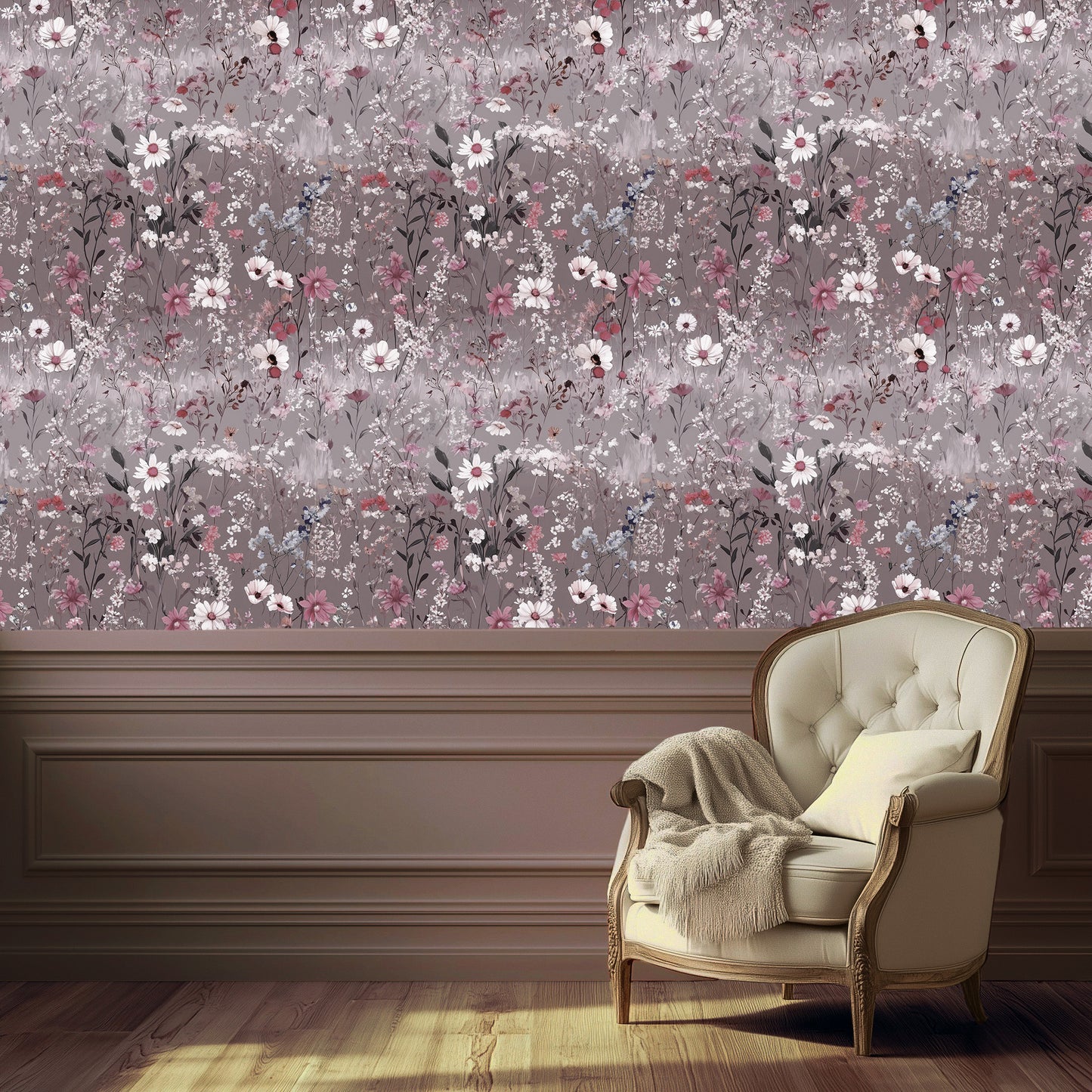 Romantic wildflower wallpaper in soft mauve with ivory daisies and blush meadow flowers for Cottagecore interiors