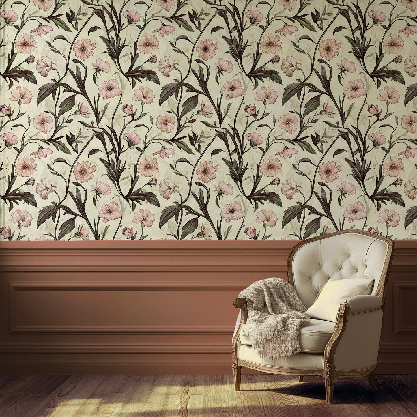 Blush floral wallpaper with parchment background and soft pink flowers in a romantic Cottagecore style