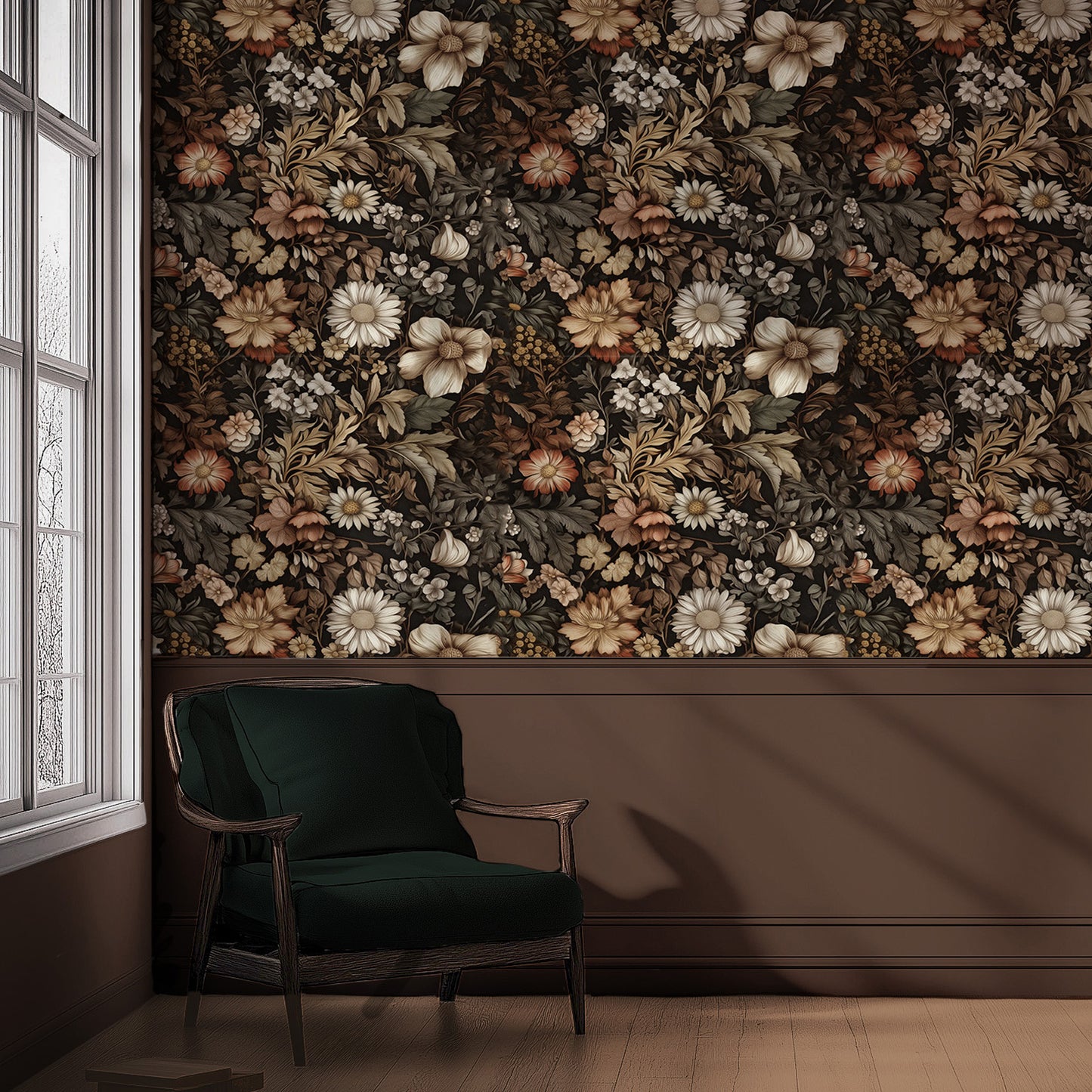 Dark floral peel and stick wallpaper with rust, ivory, and warm-toned wildflowers on a black background