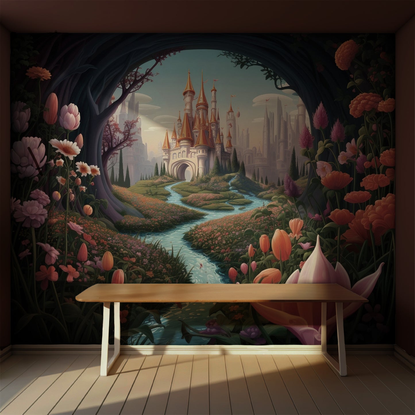 A section of peel-and-stick wallpaper depicting a whimsical castle scene with a large, ornate castle in the background, surrounded by a vibrant garden with a variety of flowers and a brook.