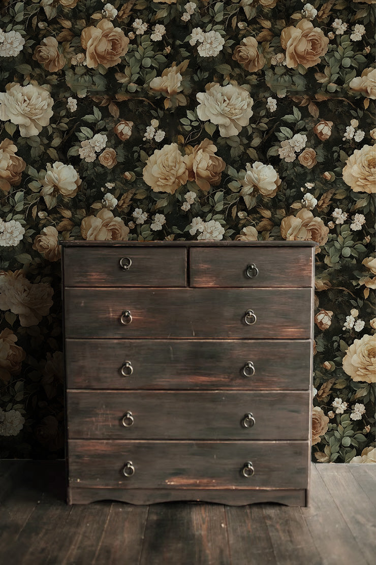 Romantic rose wallpaper with cream and sepia-toned florals on a dark background, ideal for vintage Cottagecore interiors and moody bedrooms