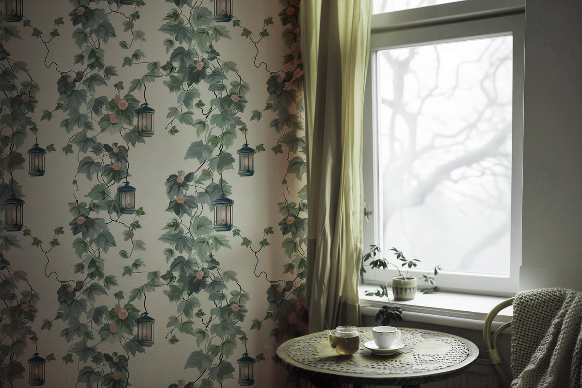 Botanical wallpaper with trailing green vines, delicate flowers and hanging lanterns in a vintage cottagecore kitchen.