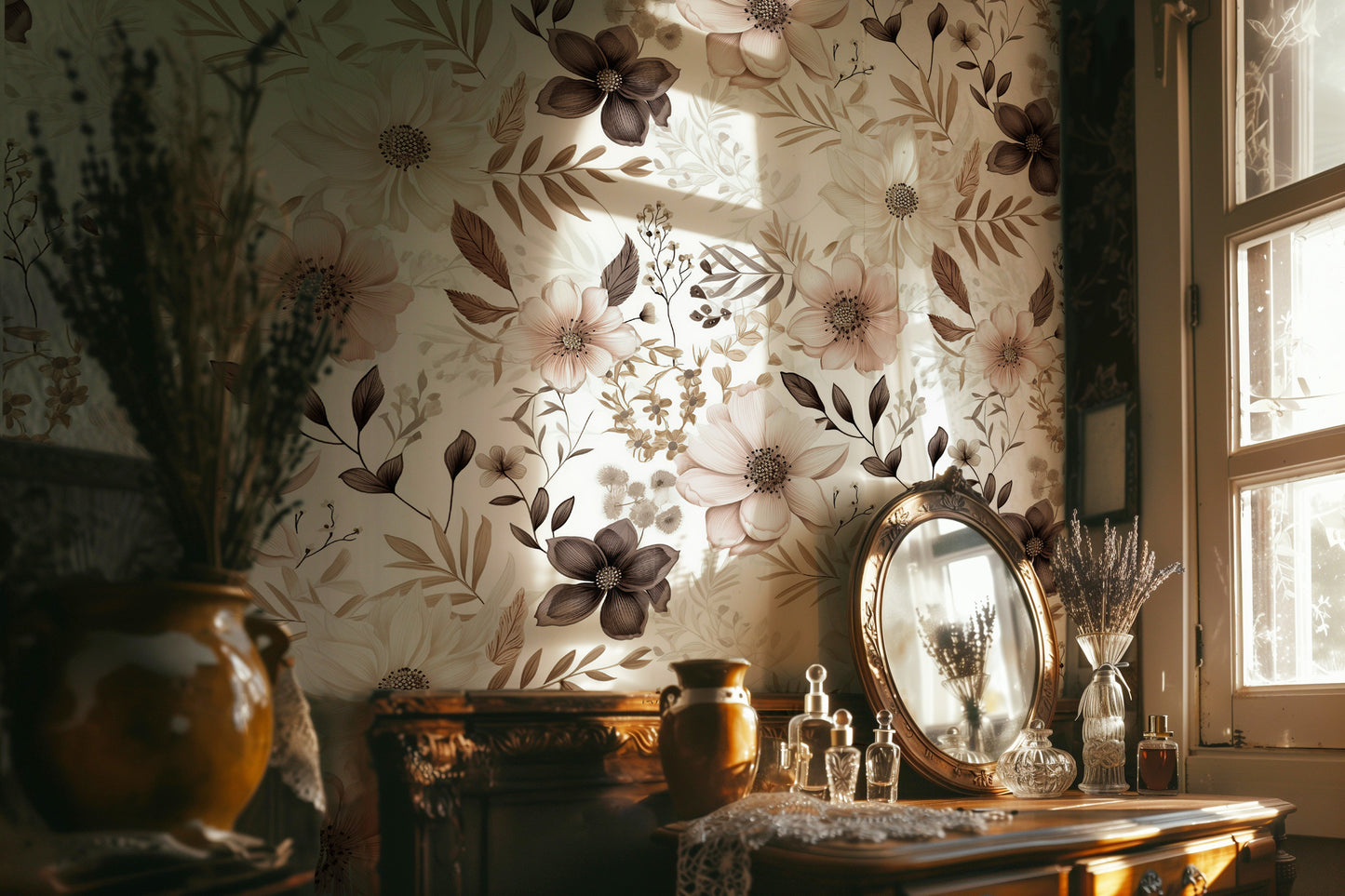 Neutral floral peel and stick wallpaper with sepia and sand-toned flowers on an ivory background for soft Cottagecore interiors
