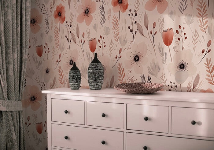 Blush poppy floral wallpaper featuring soft pink watercolor flowers, delicate botanical stems, and warm neutral tones in a romantic cottagecore wildflower pattern, in bedroom