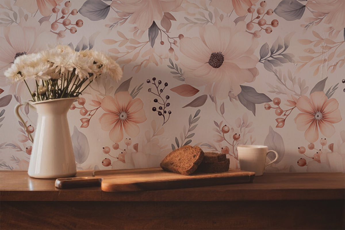 Soft watercolor wallpaper with delicate floral blooms and botanical motifs in blush pink and muted grey tones on a warm white background in kitchen