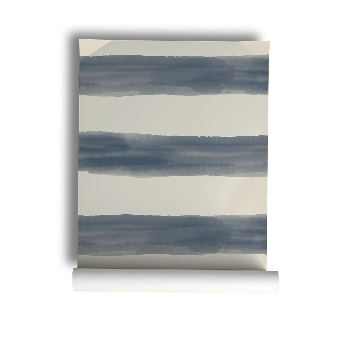 Watercolor striped wallpaper featuring wide hand-painted blue and white horizontal stripes, creating a relaxed coastal farmhouse look for bedrooms, beach houses, nurseries, and cottage-inspired interiors, on roll.