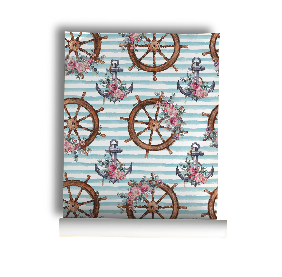 Roll of wallpaper with nautical design featuring ship wheels and anchors on a striped background.