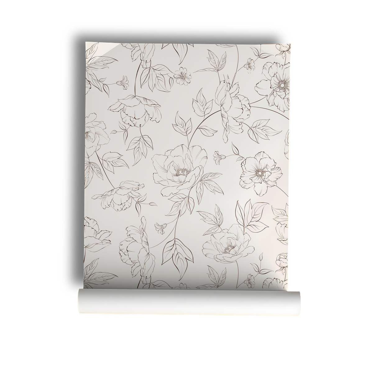 Vintage floral wallpaper featuring delicate hand-drawn flowers and leaves in soft taupe on a warm cream background, creating a timeless cottage style for entryways, bedrooms, dining rooms, and traditional interiors on roll