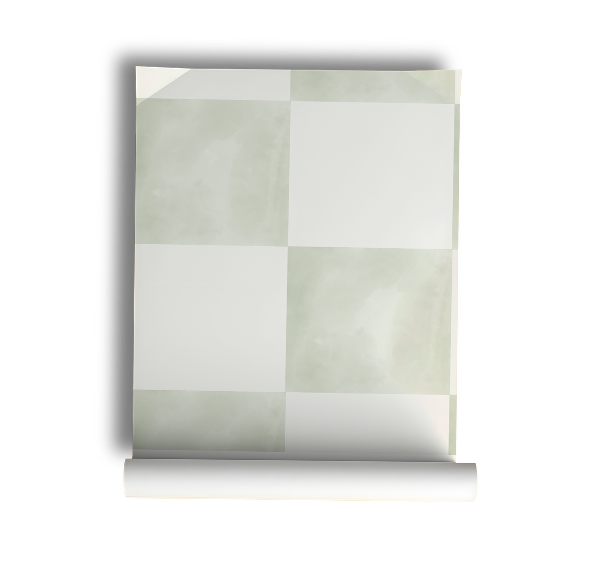 Sage green checkerboard wallpaper featuring soft watercolor squares in muted sage and cream tones, creating a calming modern cottage aesthetic for bedrooms, living rooms, nurseries, and farmhouse-inspired interiors, on roll