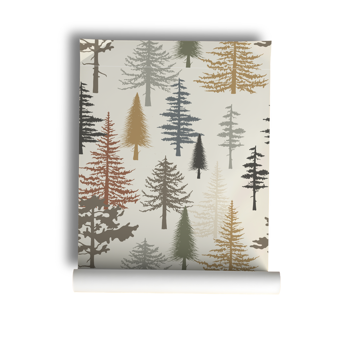 Forest tree wallpaper featuring stylized pine and evergreen trees in sage green, charcoal, taupe, mustard, and rust tones on a warm neutral background, inspired by woodland and cabin décor on roll