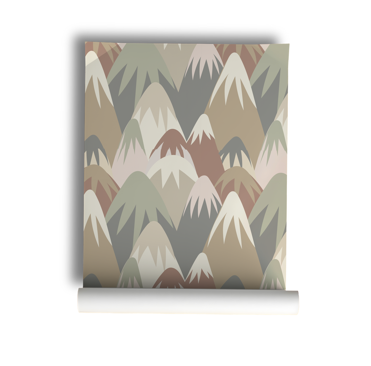 Retro mountain wallpaper featuring layered geometric mountain peaks in muted sage green, terracotta, taupe, cream, and brown tones, creating a playful mid-century modern landscape design on roll