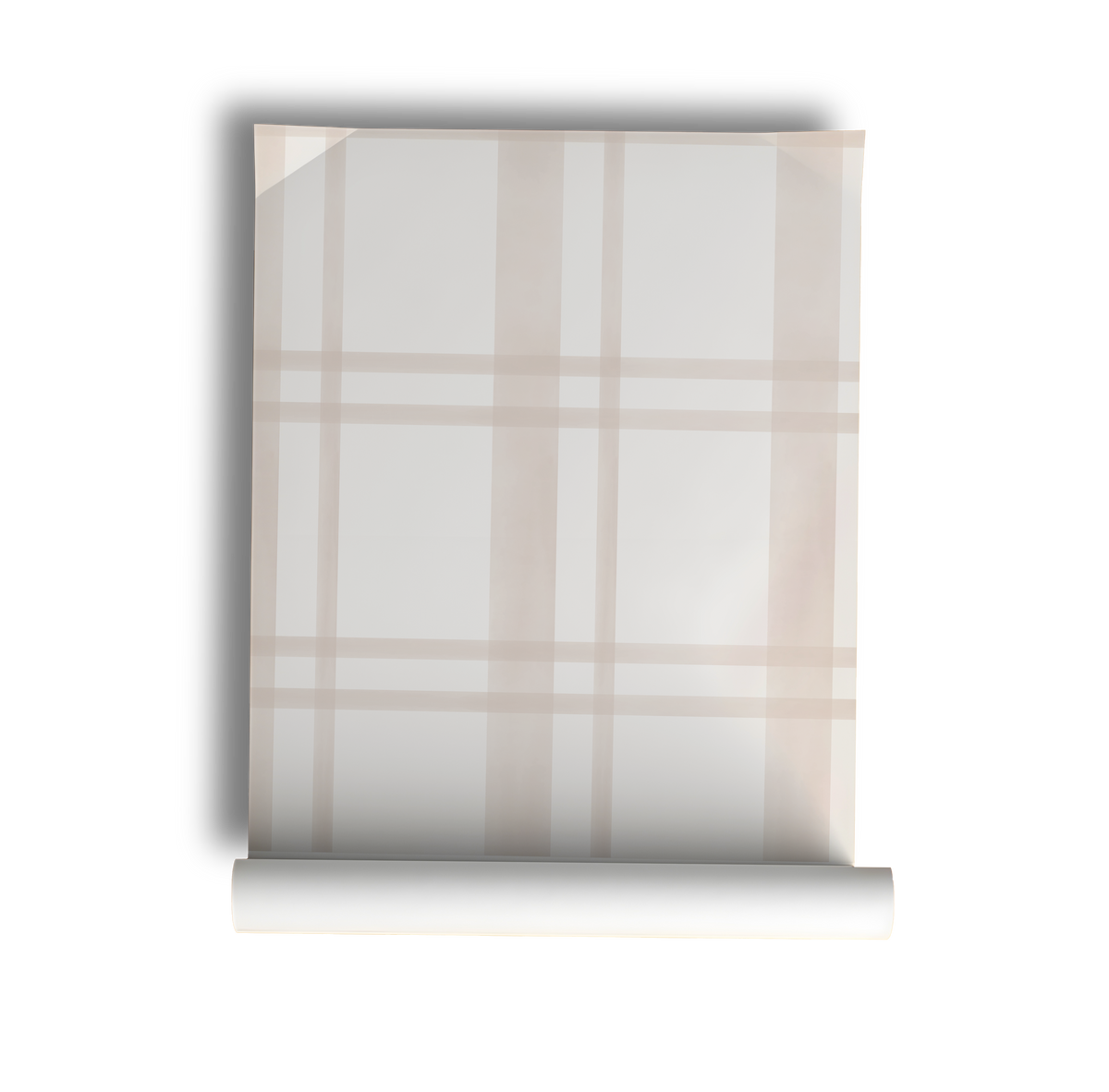 Neutral plaid wallpaper featuring soft beige and blush pink lines forming a classic tartan pattern on a warm cream background on roll