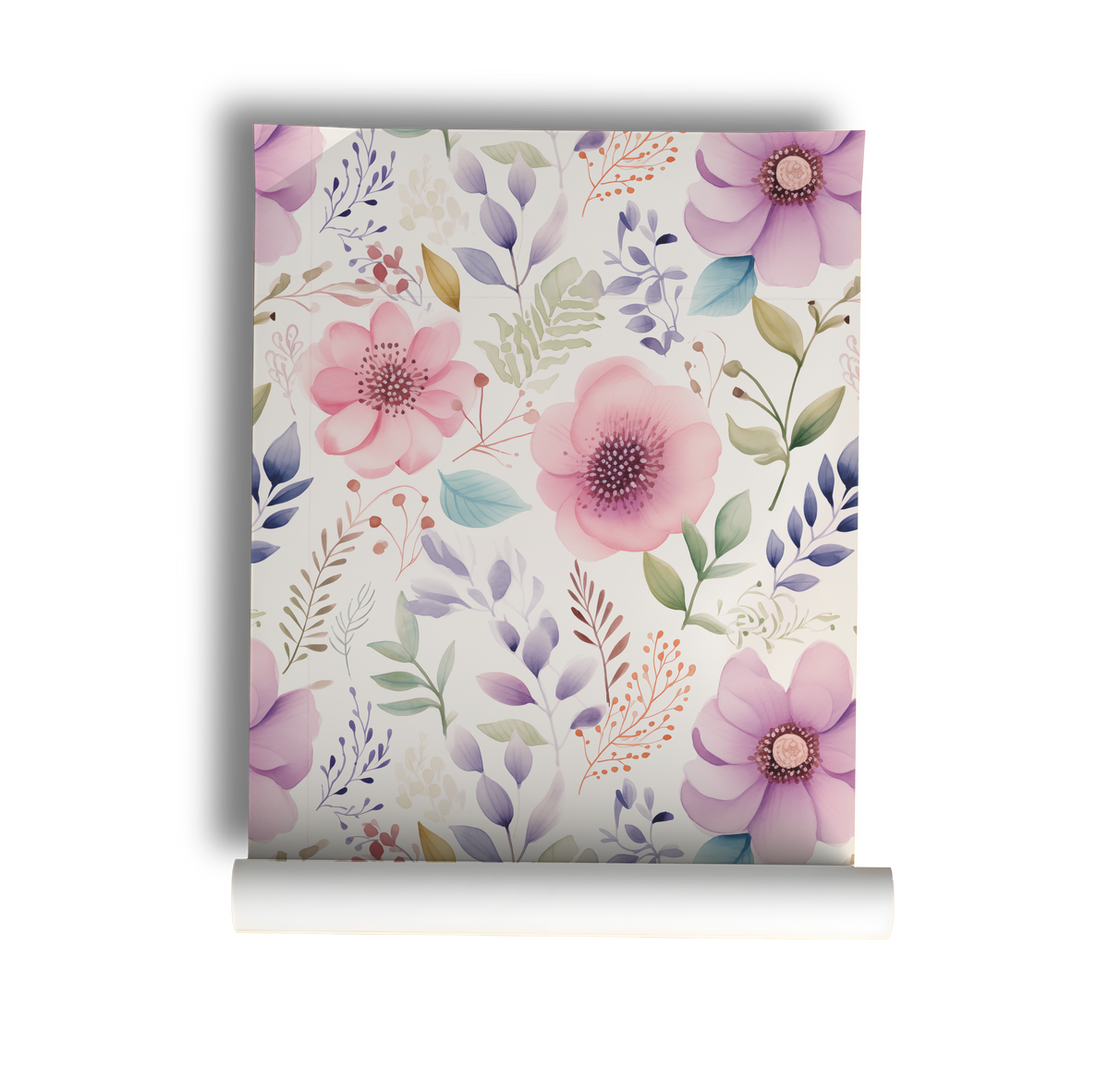 Watercolor floral wallpaper featuring soft pink and lavender flowers with delicate botanical leaves, displayed in a modern living room as a whimsical cottagecore accent wall, on a roll