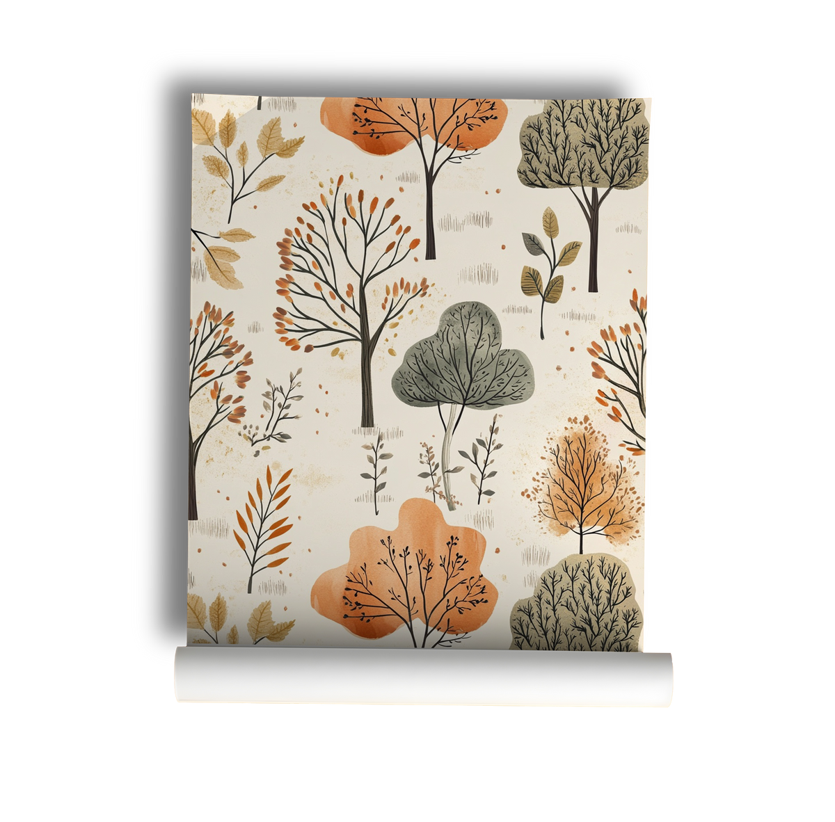 Whimsical children's wallpaper with illustrated woodland animals, trees, and forest creatures in soft sage green, warm beige, and muted earthy tones on roll