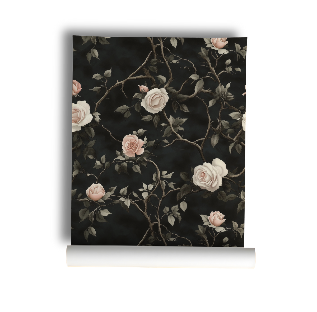 Dark floral wallpaper with ivory and blush roses climbing twisted vines on a moody black background on roll