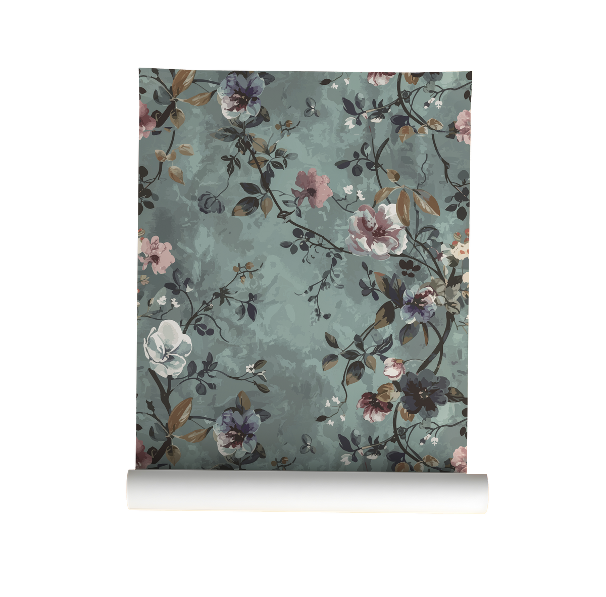 Roll of floral wallpaper with a green background