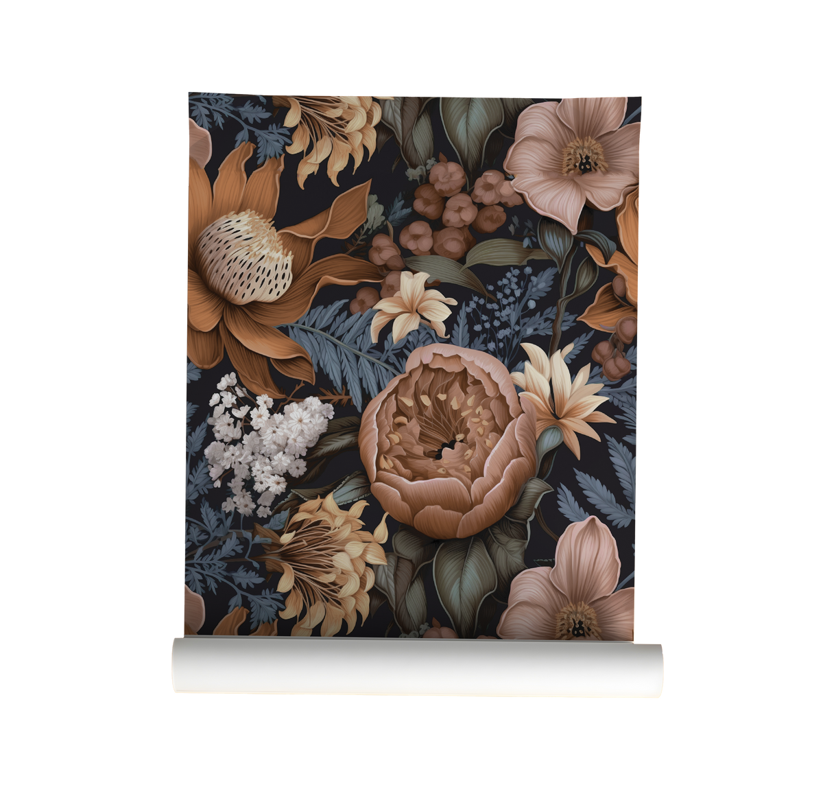 Moody botanical wallpaper with oversized protea, peonies, lilies, and blue foliage on a deep charcoal background on roll
