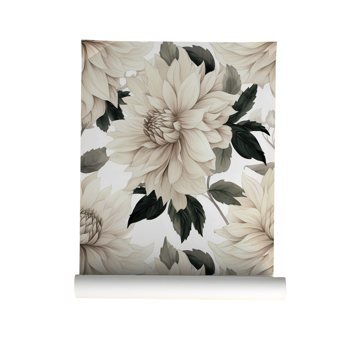 Large cream dahlia wallpaper with oversized floral blooms and deep green foliage on a soft white background on roll