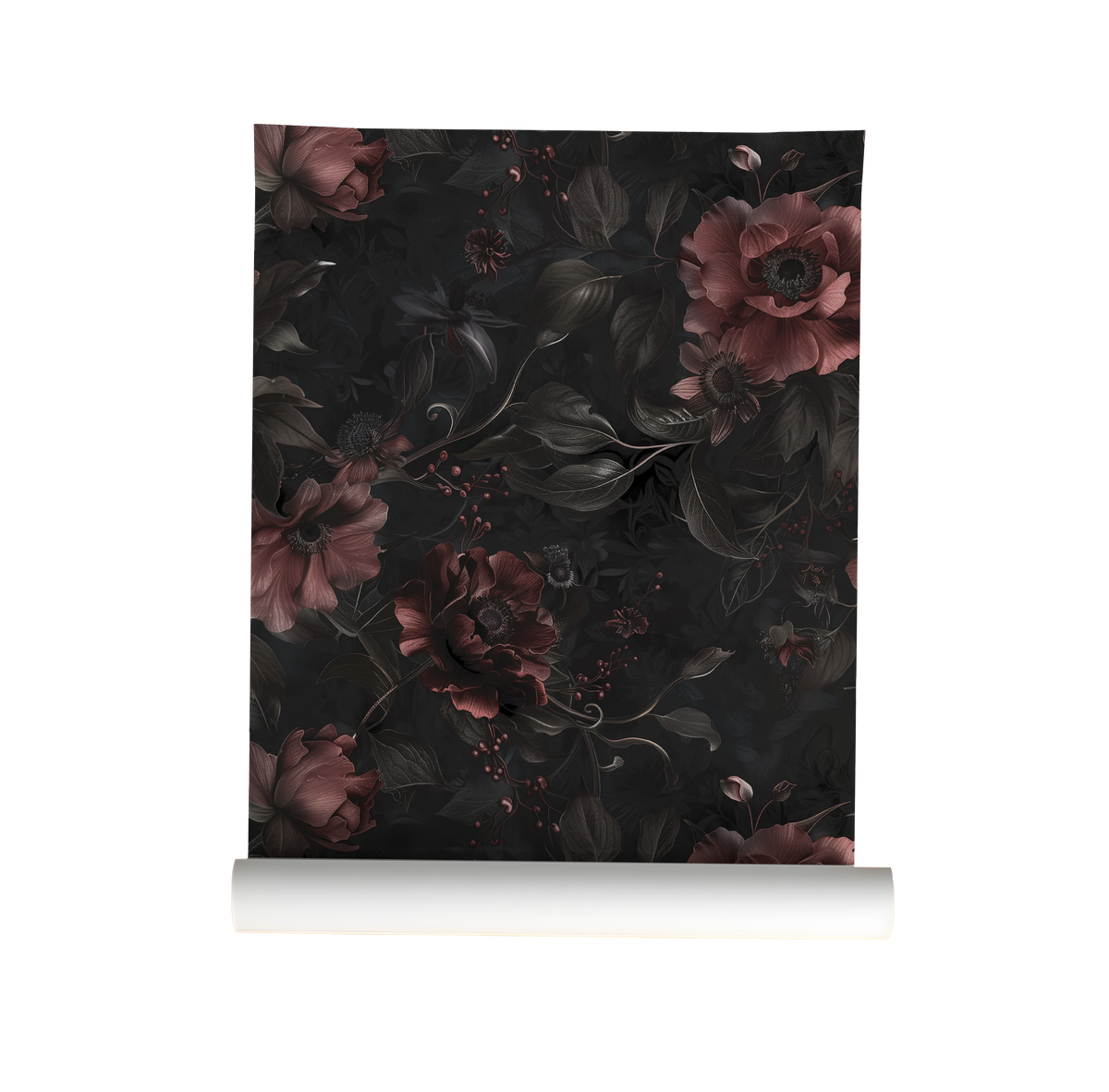 Dark moody floral wallpaper with deep burgundy flowers, black foliage and trailing vines on a charcoal background.