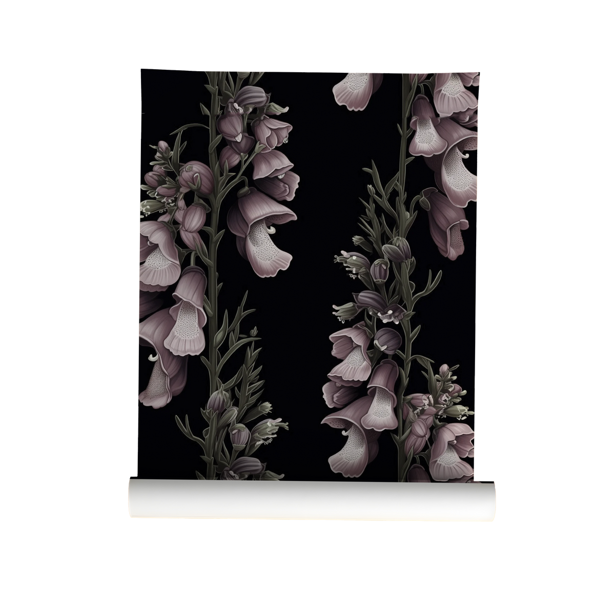 Dark foxglove floral wallpaper with dusty mauve and purple bell-shaped flowers, muted green stems and botanical details on a black background on roll.